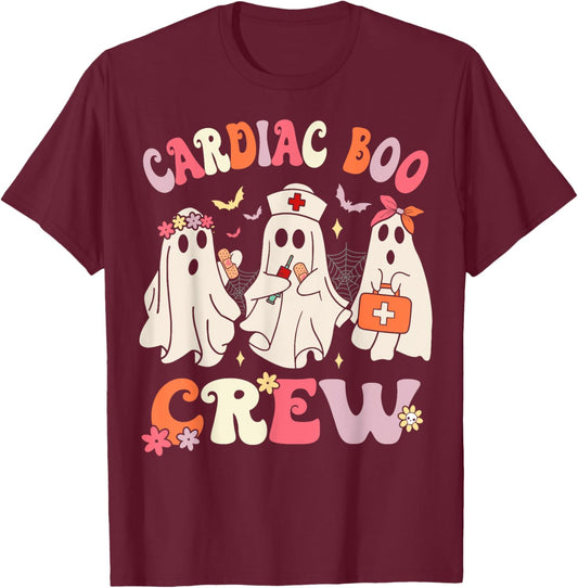 Halloween Cardiac Boo Crew Cardiology Nurse Ghost T-Shirt - T-Shirt | Maroon