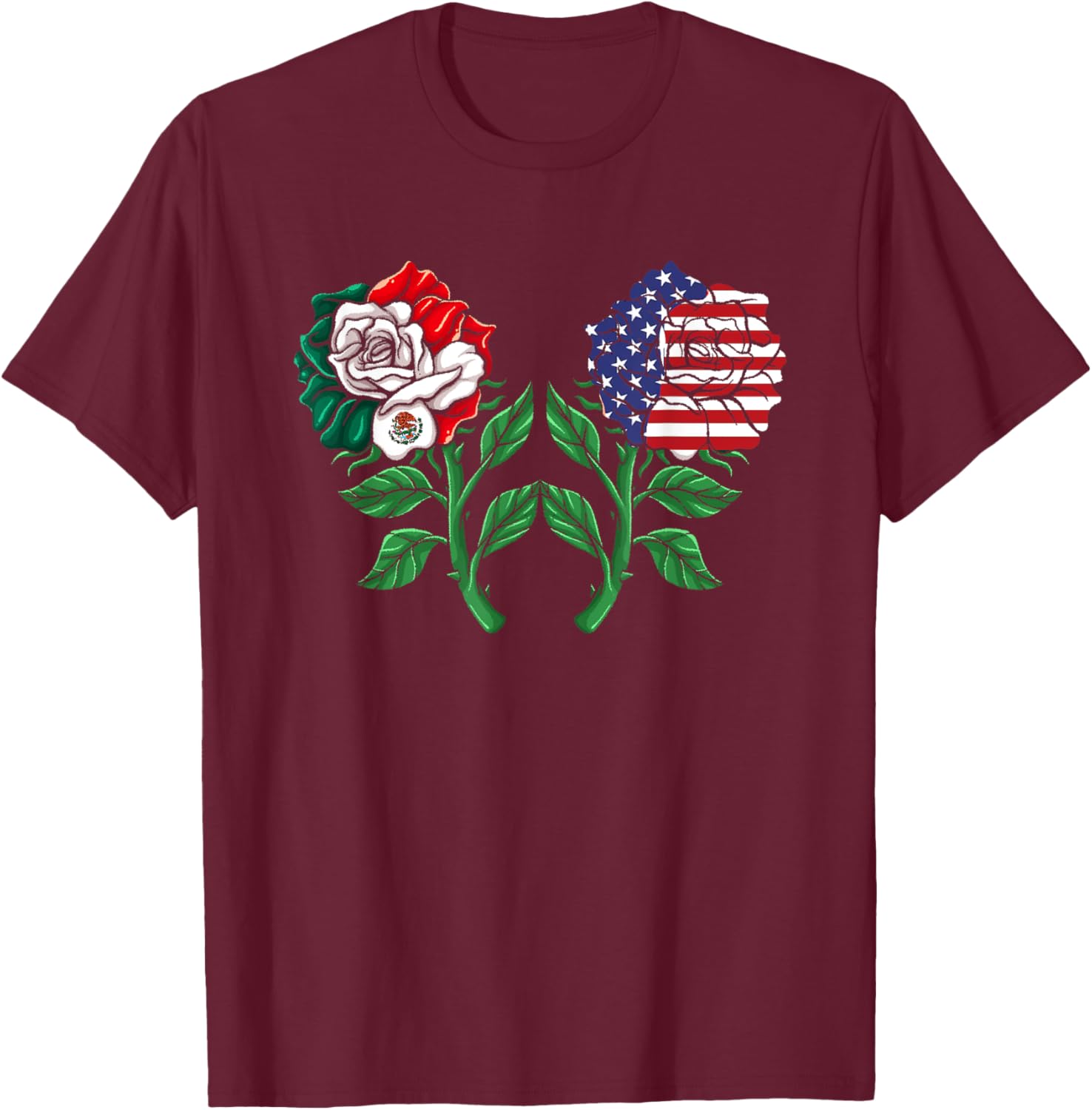 Mexico US Flag Mexican Flag American Flag Rose T-Shirt - T-Shirt | Maroon