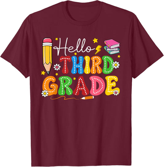 Groovy Hello Third Grade Teacher Kids First Day Of School T-Shirt - T-Shirt | Maroon