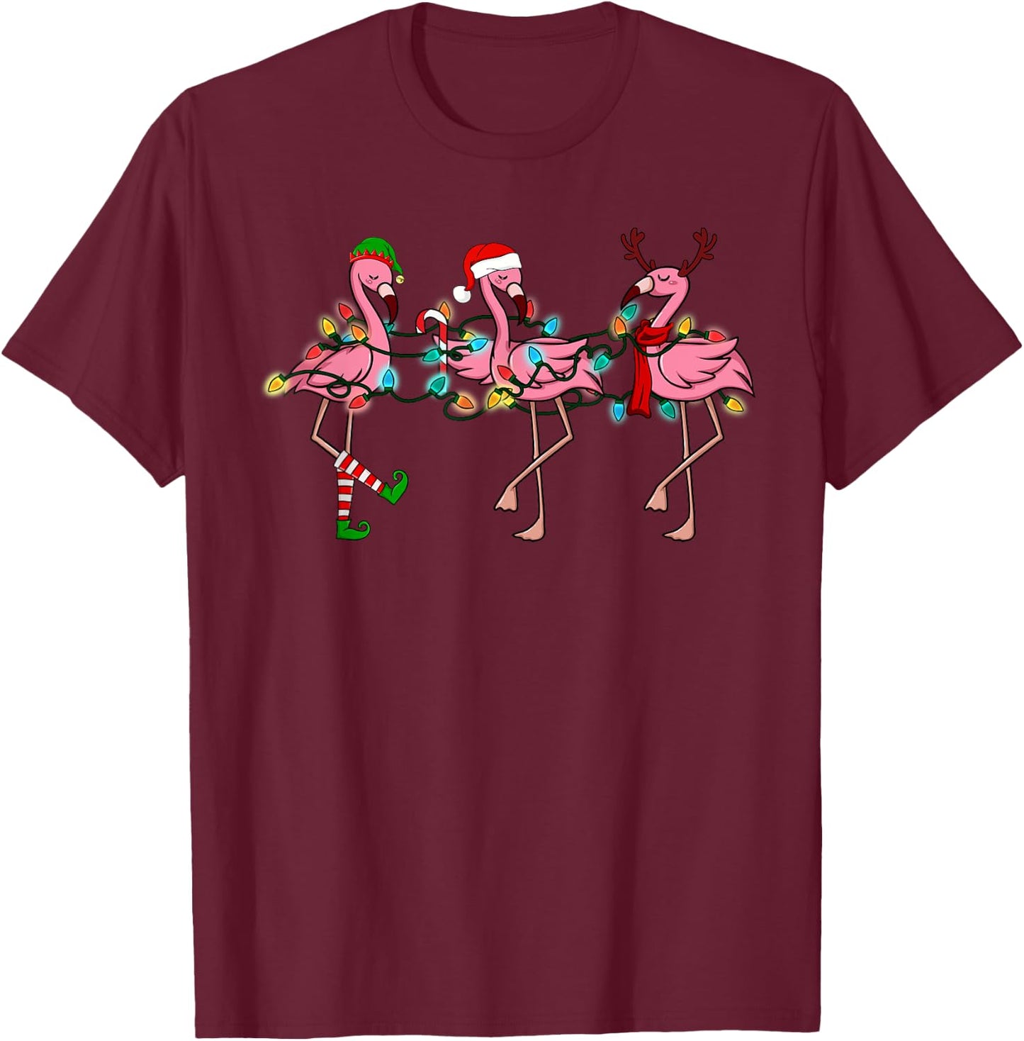 Christmas Lights Pink Flamingo Santa Hat Holiday Xmas T-Shirt - T-Shirt | Maroon