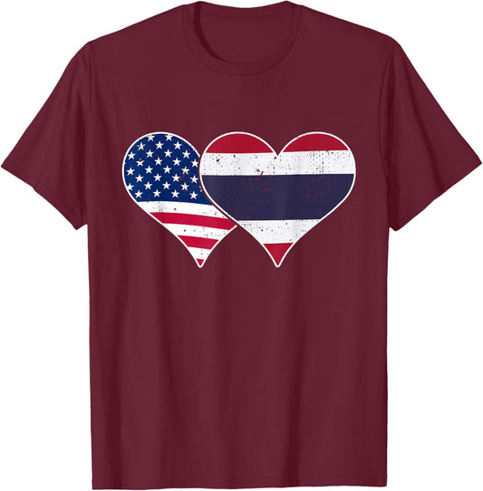 USA and Thailand Flags - American & Thai Vintage Hearts T-Shirt - T-Shirt | Maroon