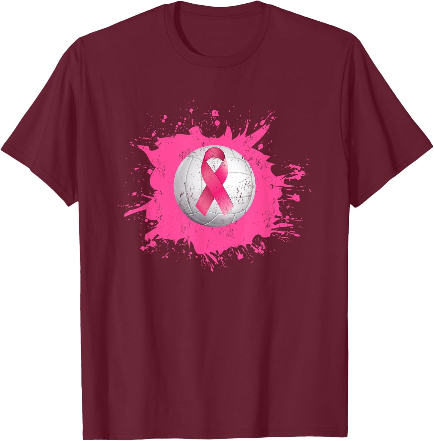 Volleyball Pink Ribbon Breast Cancer Awareness T-Shirt - T-Shirt | Maroon
