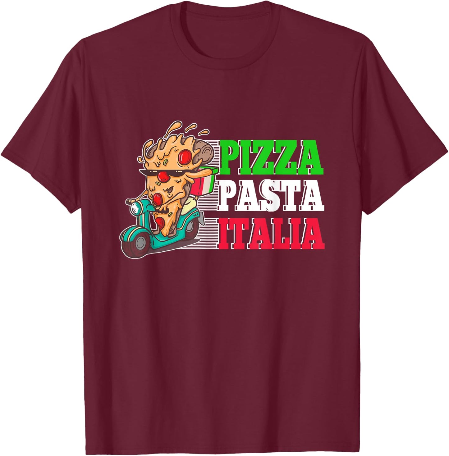 Pizza Pasta Italia Pizza Piece on Italian Scooter T-Shirt - T-Shirt | Maroon