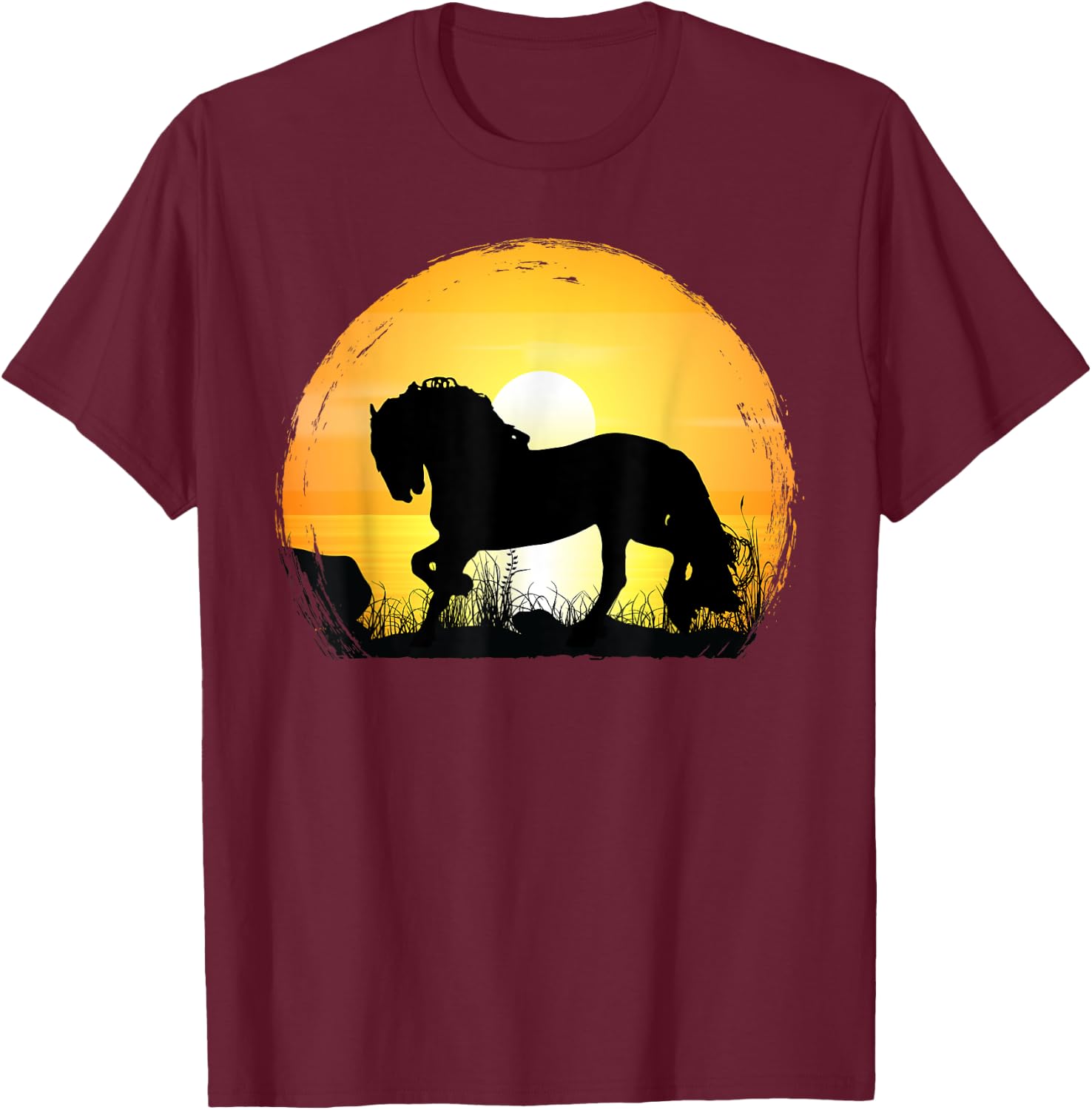 Sunset Horse Breed Silhouette - Friesian T-Shirt - T-Shirt | Maroon