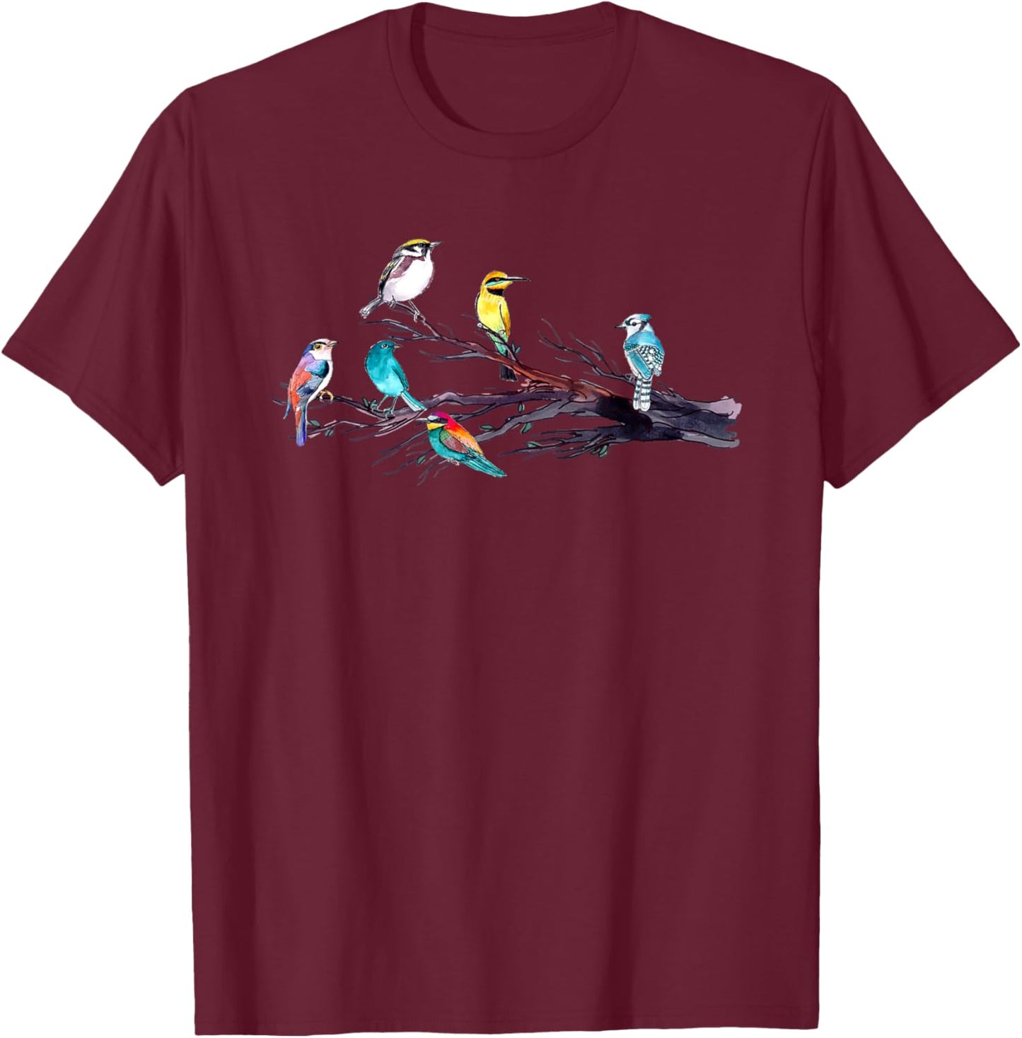 Bird Watching Birder Bird Lover Birds Perched On Tree Branch T-Shirt - T-Shirt | Maroon