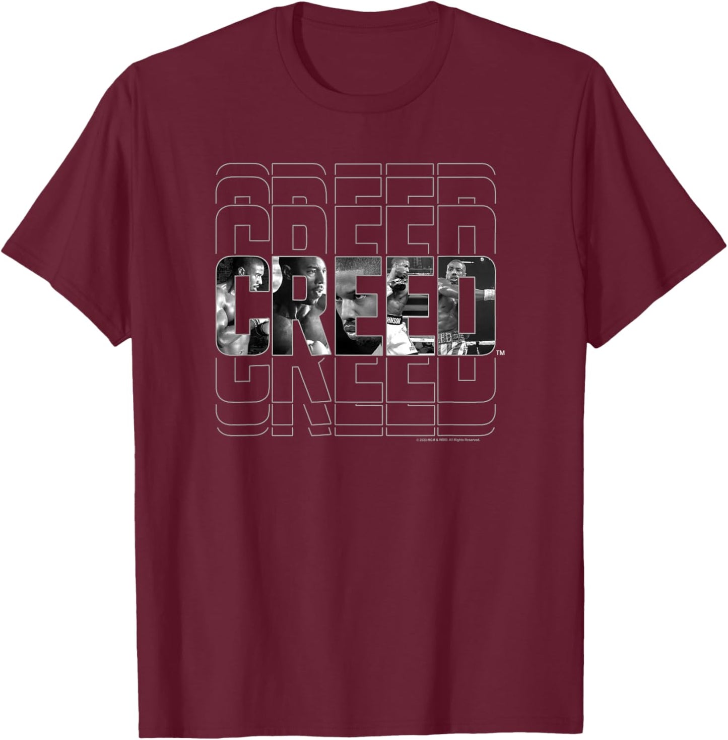Creed Black & White Movie Frames Epic Text Logo T-Shirt - T-Shirt | Maroon