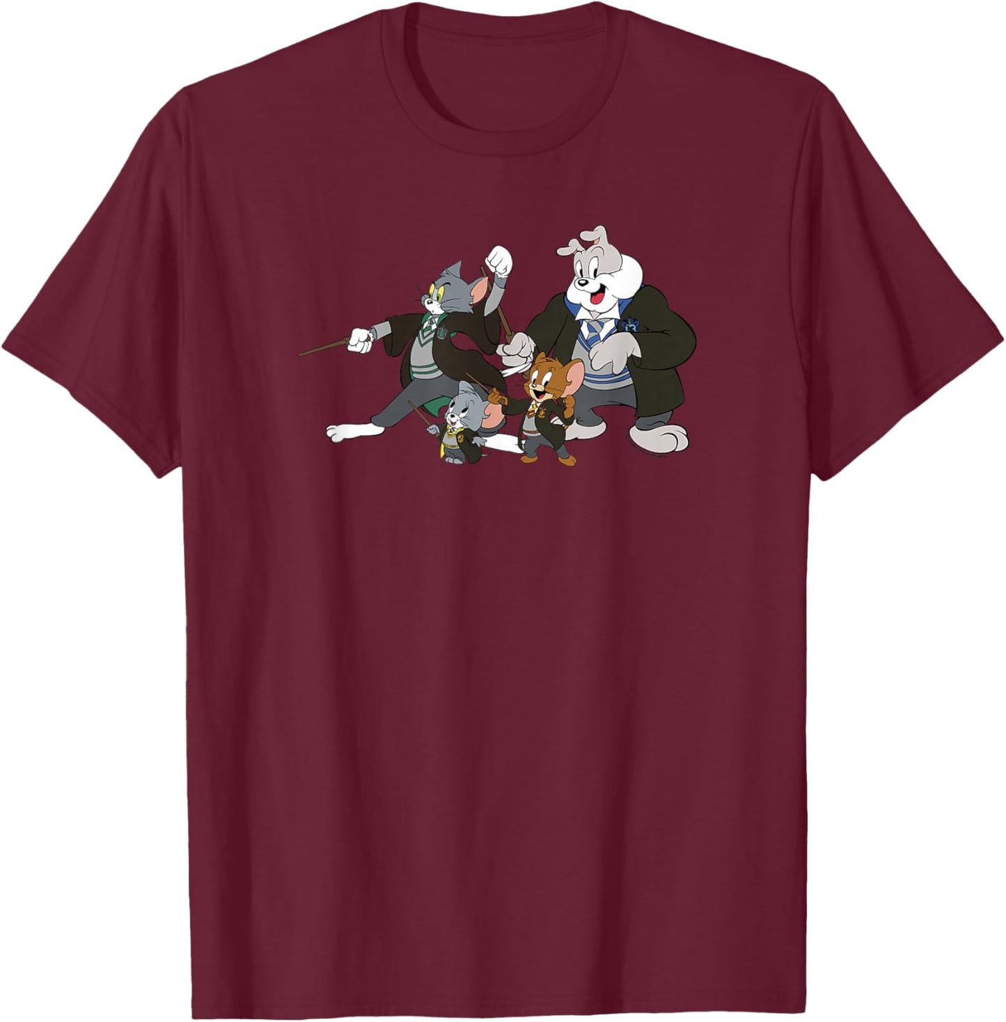 WB100 Tom and Jerry Cast With Hogwarts Uniforms Group Shot T-Shirt - T-Shirt | Maroon