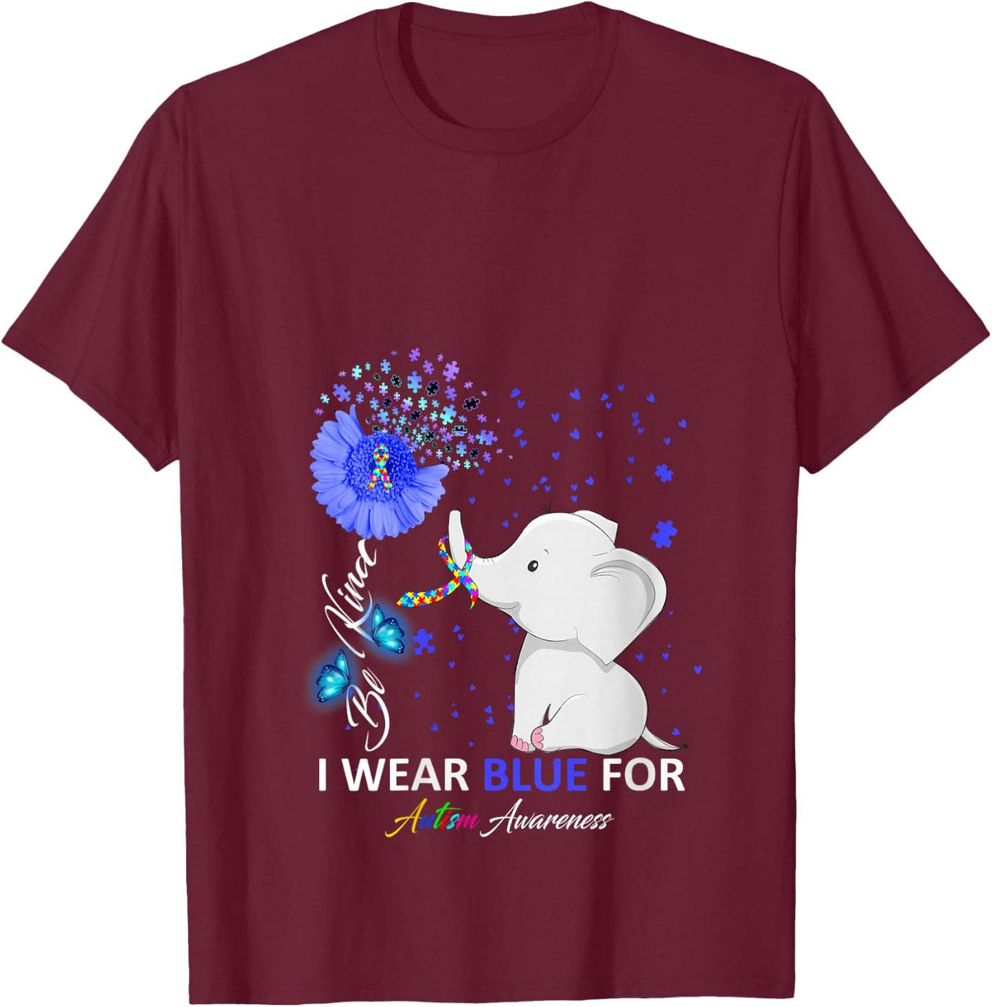 I Wear Blue Autism Awareness - Elephant Autism Awareness V-Neck T-Shirt - T-Shirt | Maroon
