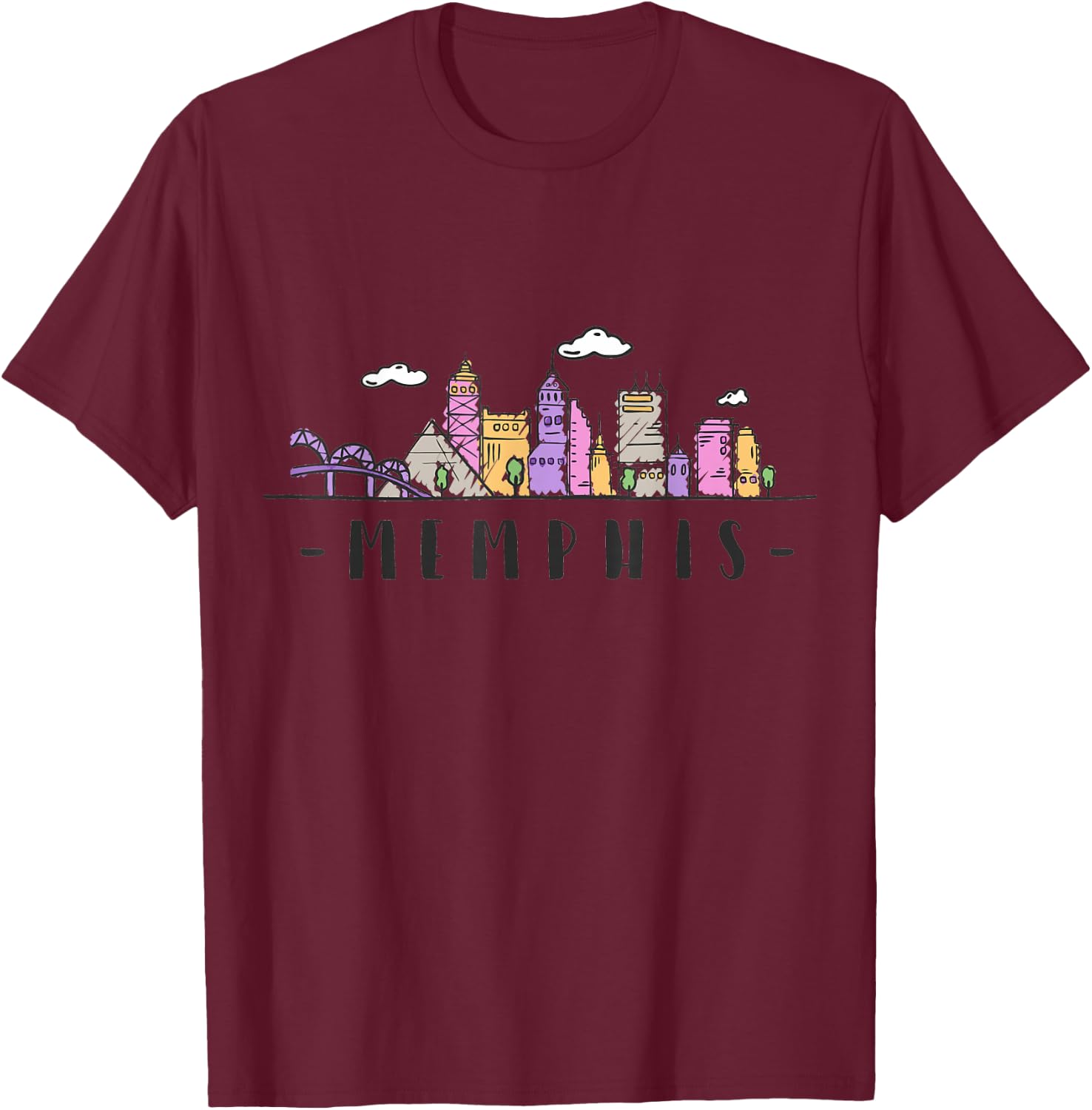 Memphis Skyline Tennessee Watercolour Souvenir Gift T-Shirt - T-Shirt | Maroon