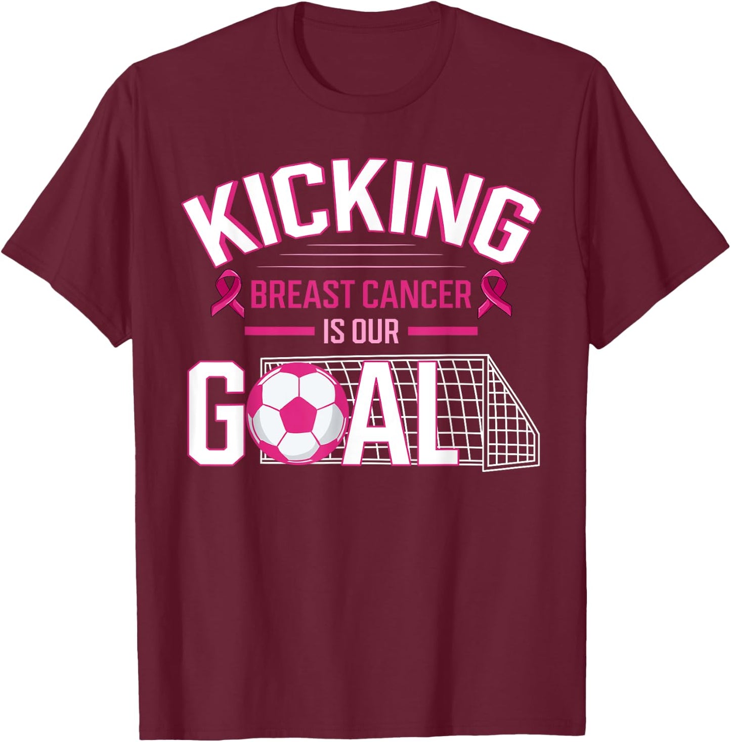 Breast Cancer Soccer Ball Goal Pink Ribbon Mammogram Sport T-Shirt - T-Shirt | Maroon