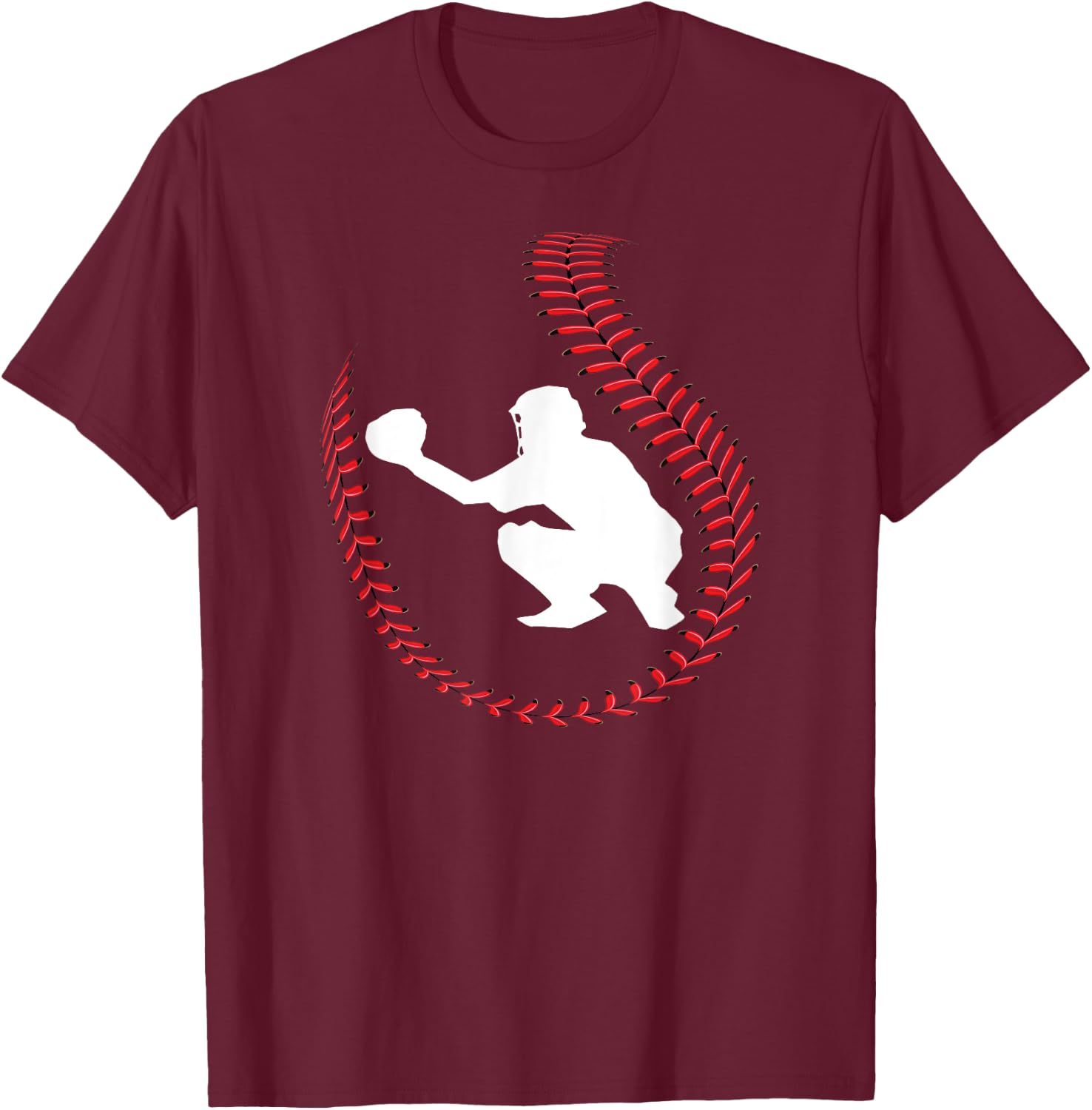 Baseball Catcher Ball Stitch Silhouette T-Shirt - T-Shirt | Maroon