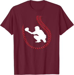 Baseball Catcher Ball Stitch Silhouette T-Shirt - T-Shirt | Maroon