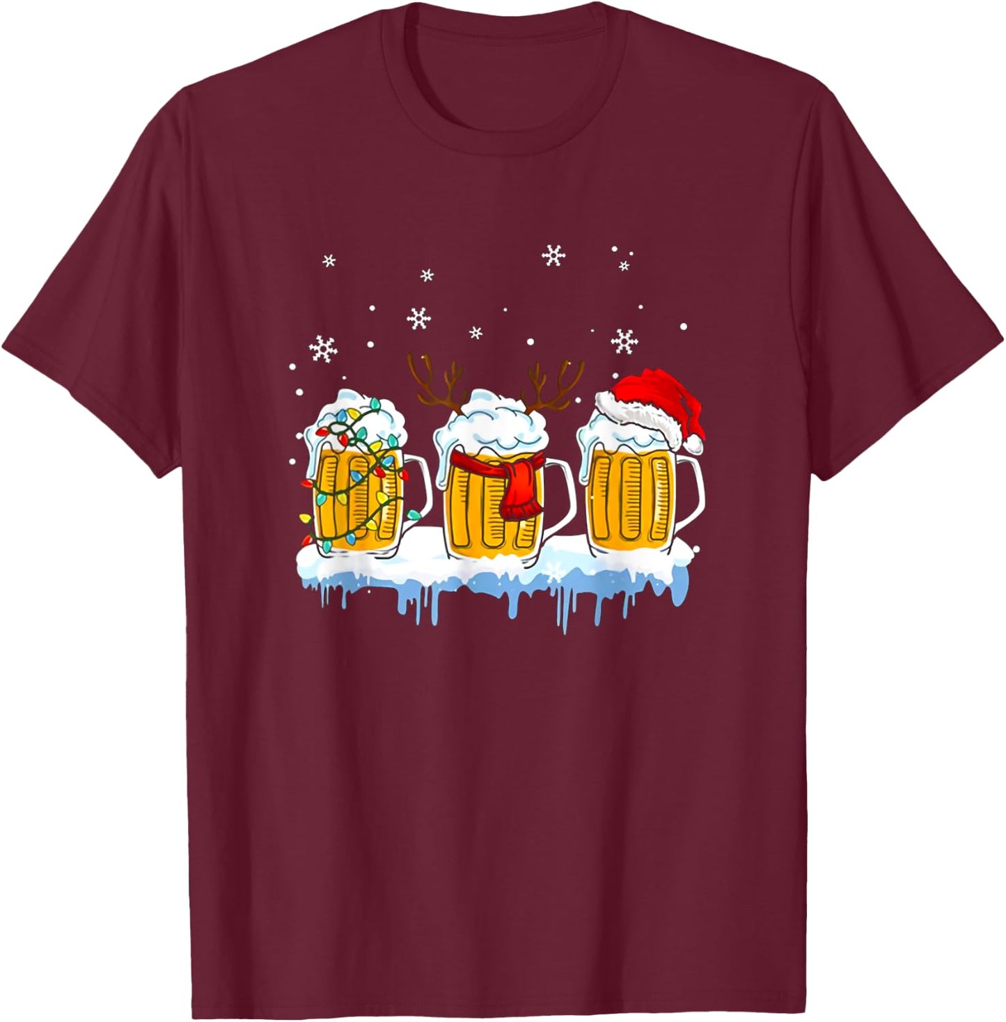 Beer Christmas Mug Santa Reinbeer Xmas lights pajamas T-Shirt - T-Shirt | Maroon