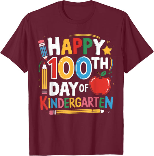 Happy 100th Day of Kindergarten Teacher Student 100 Days T-Shirt - T-Shirt | Maroon
