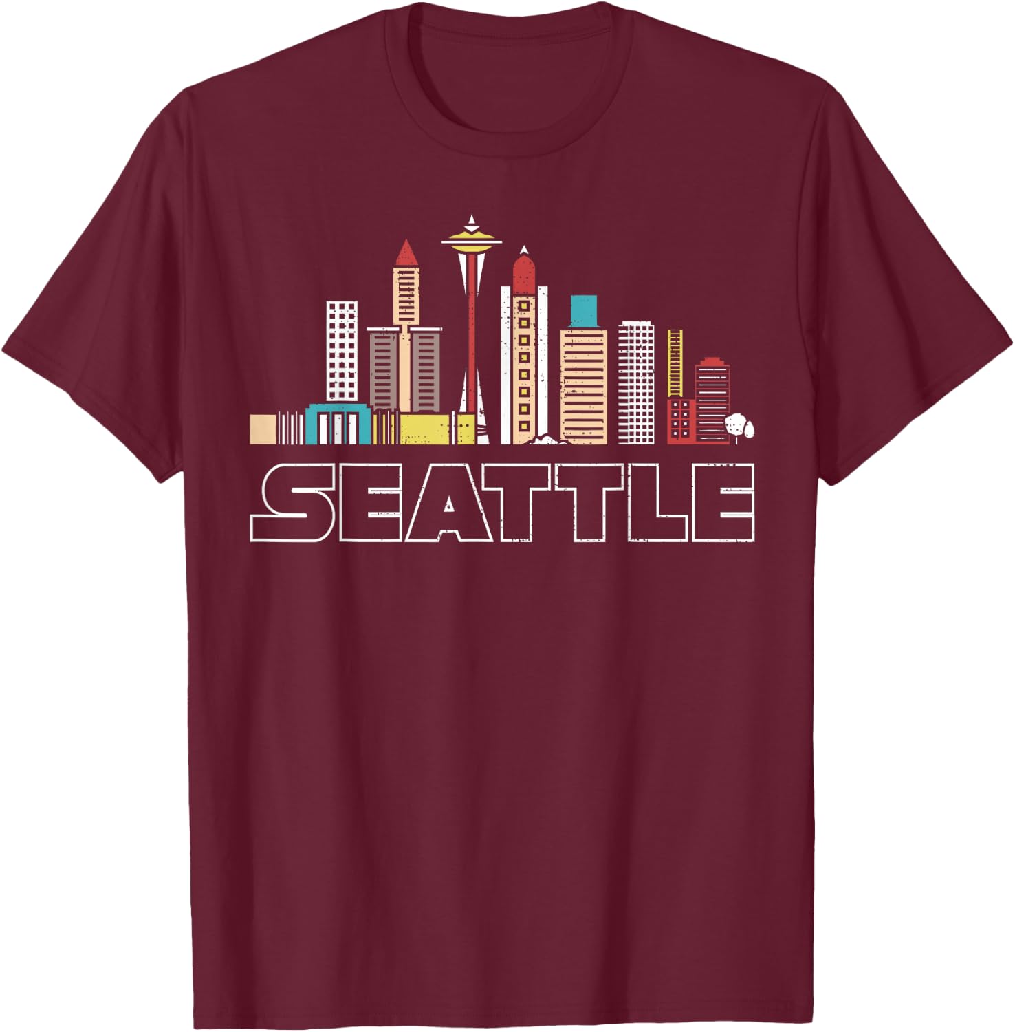 Grunge Seattle Skyline Distressed Look design T-Shirt - T-Shirt | Maroon