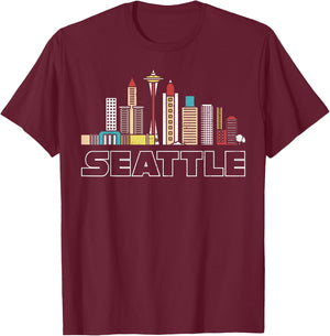 Grunge Seattle Skyline Distressed Look design T-Shirt - T-Shirt | Maroon