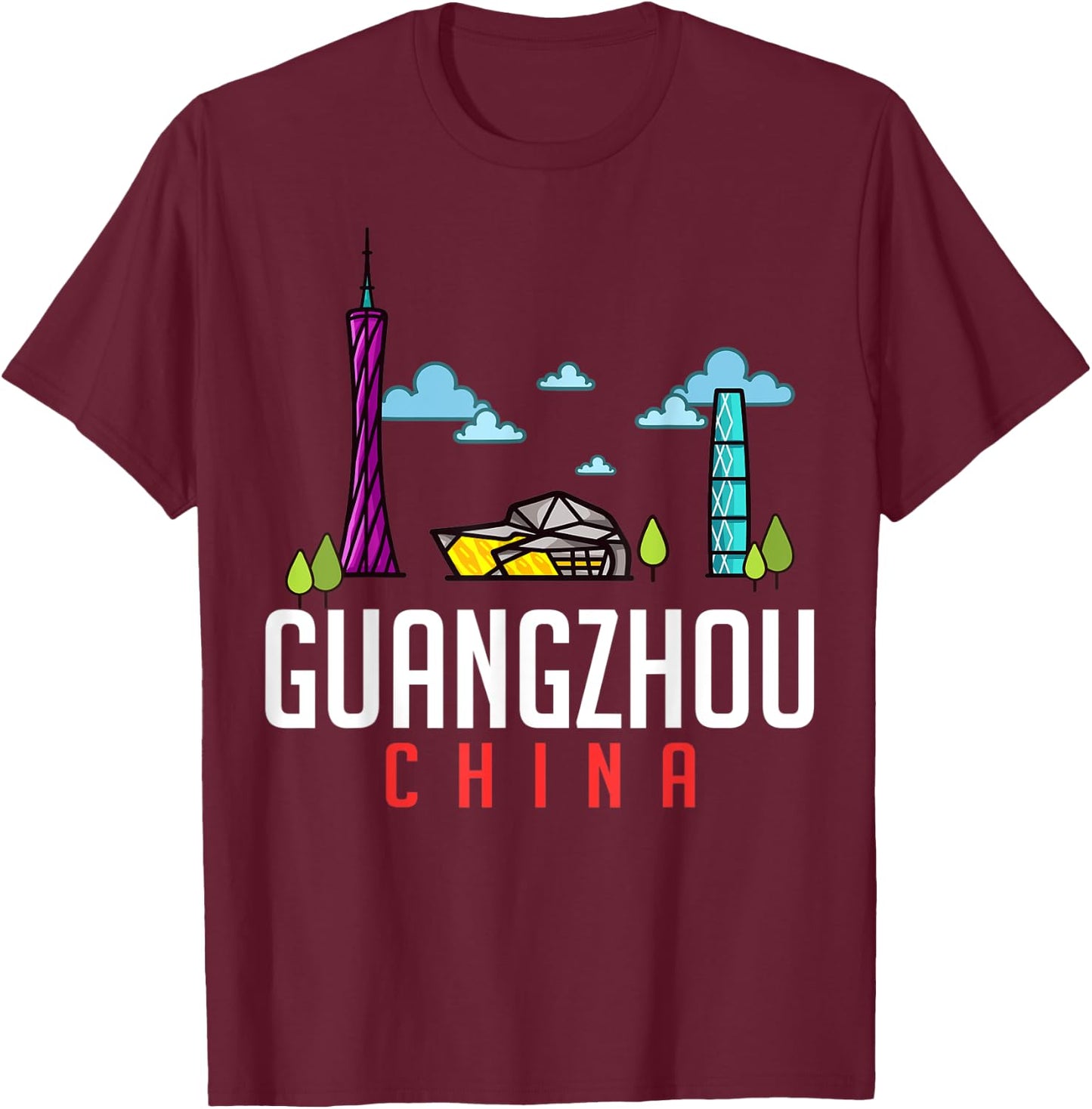 Guangzhou China City Skyline Map Travel T-Shirt - T-Shirt | Maroon