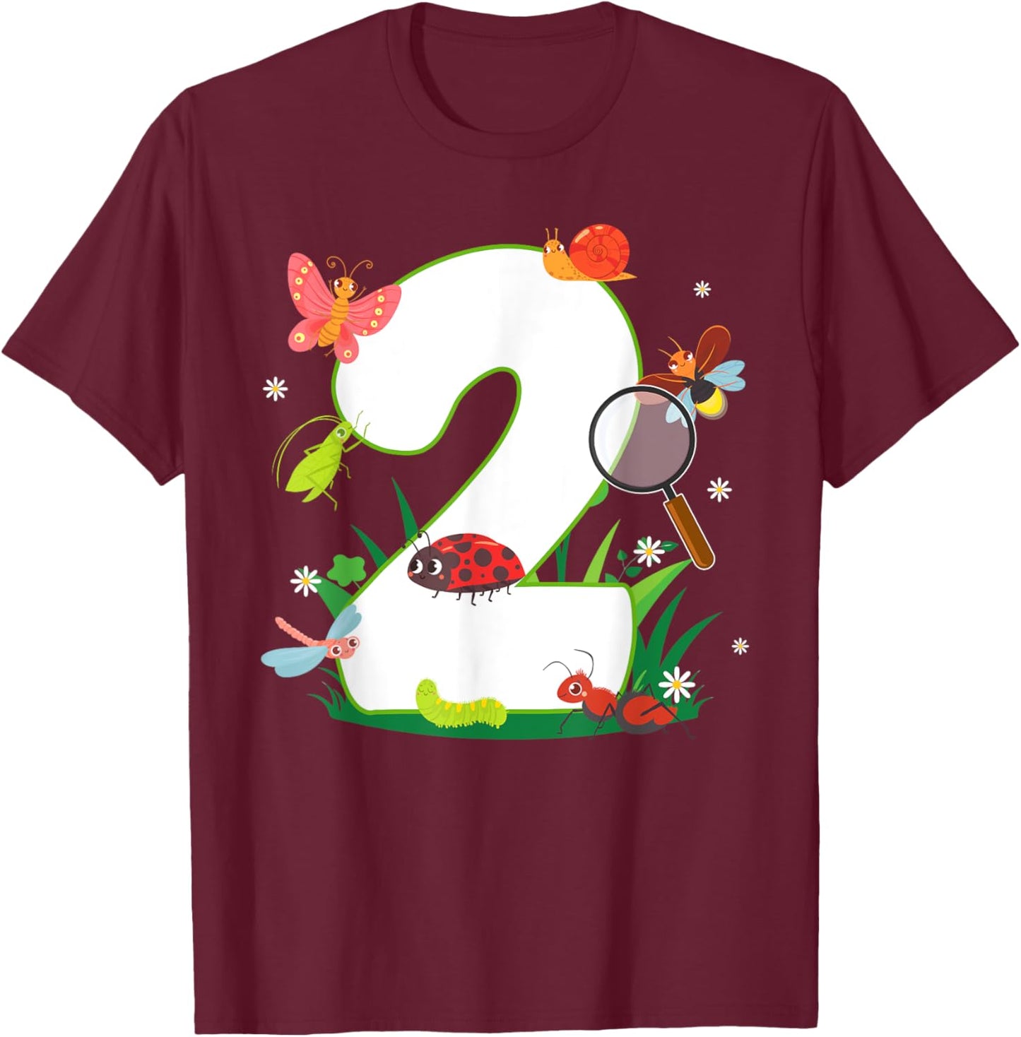 2nd Birthday Bugs And Insects Nature Lover 2 Year Old T-Shirt - T-Shirt | Maroon