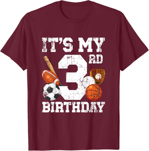 Kids 3rd Birthday Sports Birthday Party Three Year Old Boy Bday T-Shirt - T-Shirt | Maroon