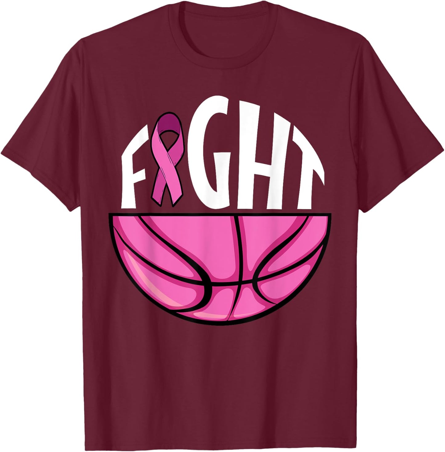 Breast Cancer Awareness Pink Ribbon Basketball Team Support T-Shirt - T-Shirt | Maroon
