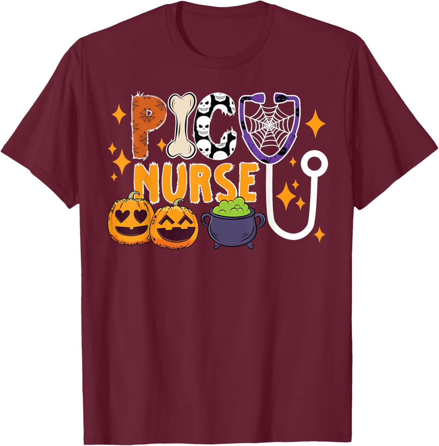 Spooky PICU Nurse Halloween Pediatric Intensive Care Unit T-Shirt - T-Shirt | Maroon