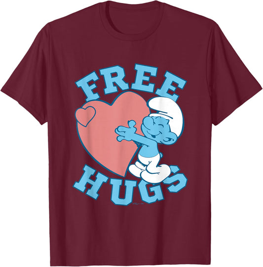The Smurfs Valentine's Day Cute Smurf Free Hugs Chest Logo T-Shirt - T-Shirt | Maroon