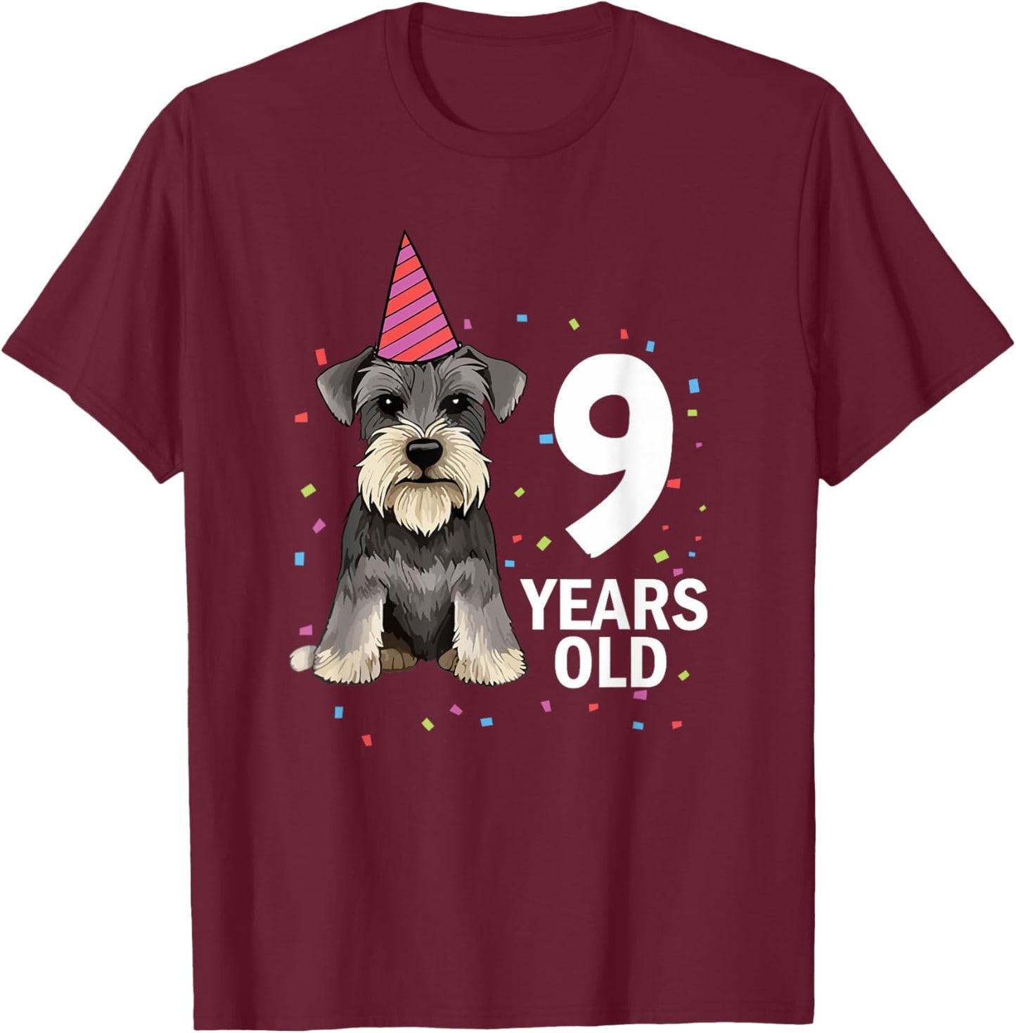 9 Years Old Birthday Schnauzer Dog Lover Puppy 9th Party Kid T-Shirt - T-Shirt | Maroon