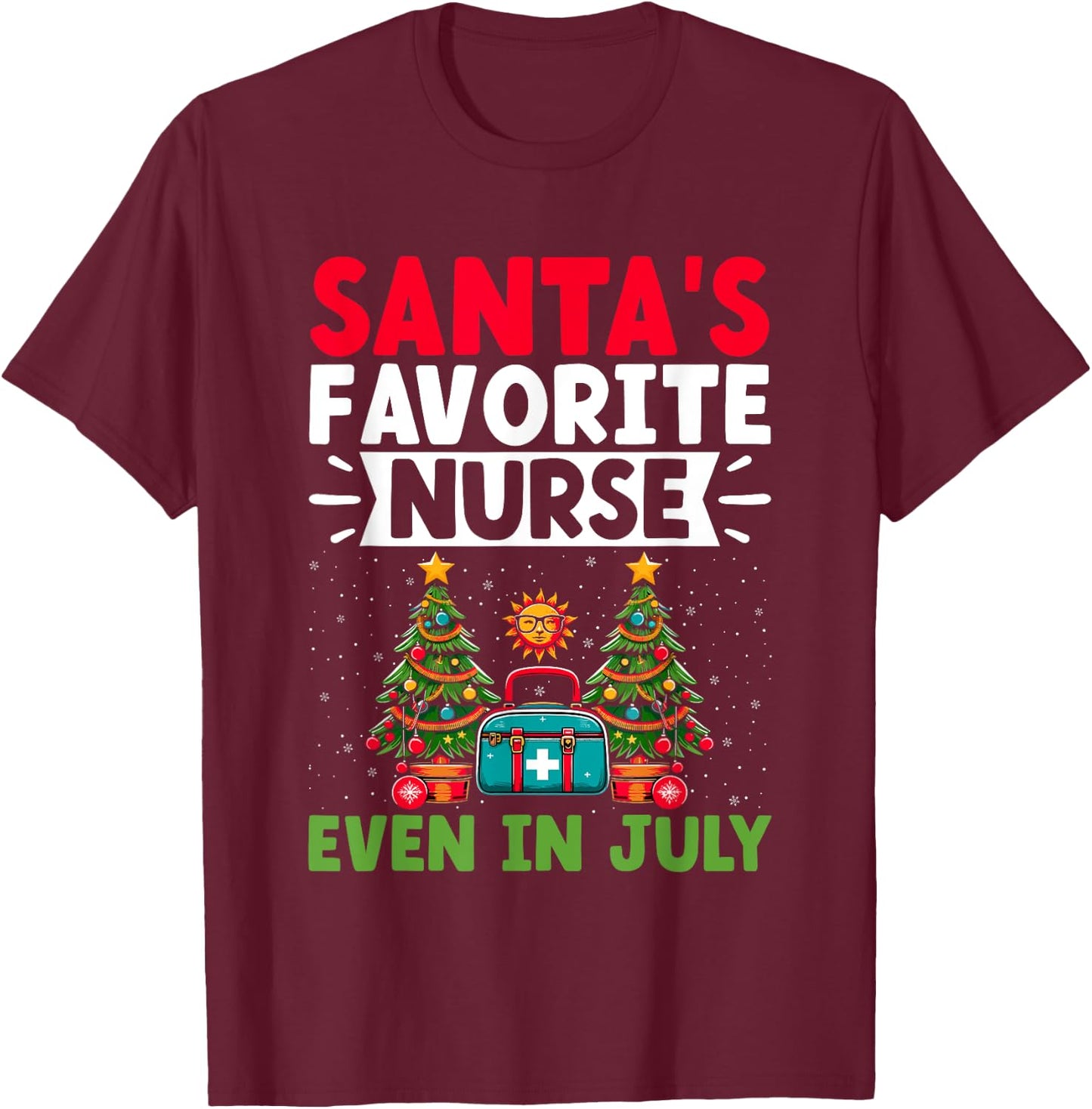 Christmas In July Nurse Santa Hat Summer Medical RN T-Shirt - T-Shirt | Maroon