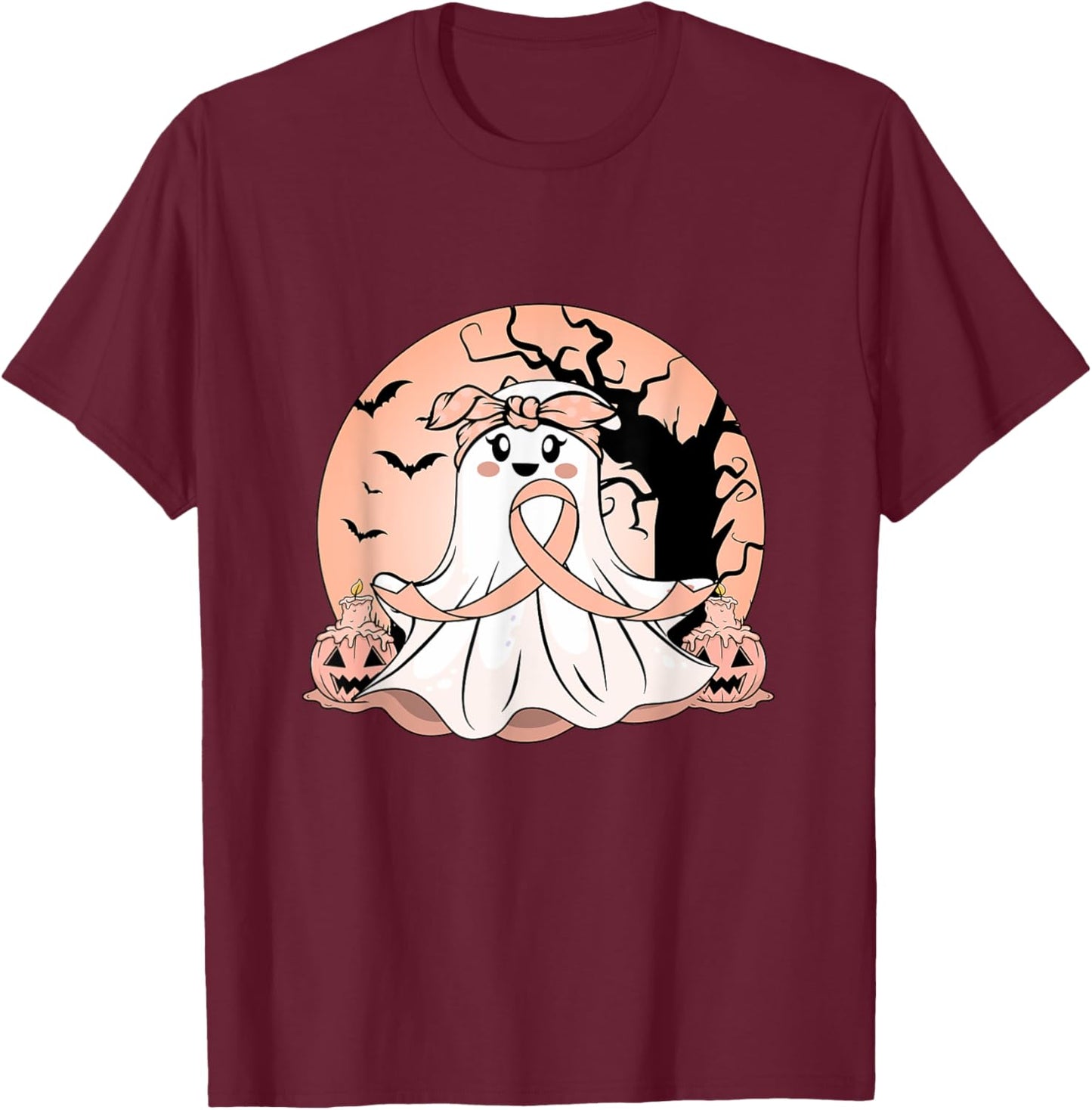 Uterine Cancer Halloween Pumpkin Peach Ribbon Awareness T-Shirt - T-Shirt | Maroon