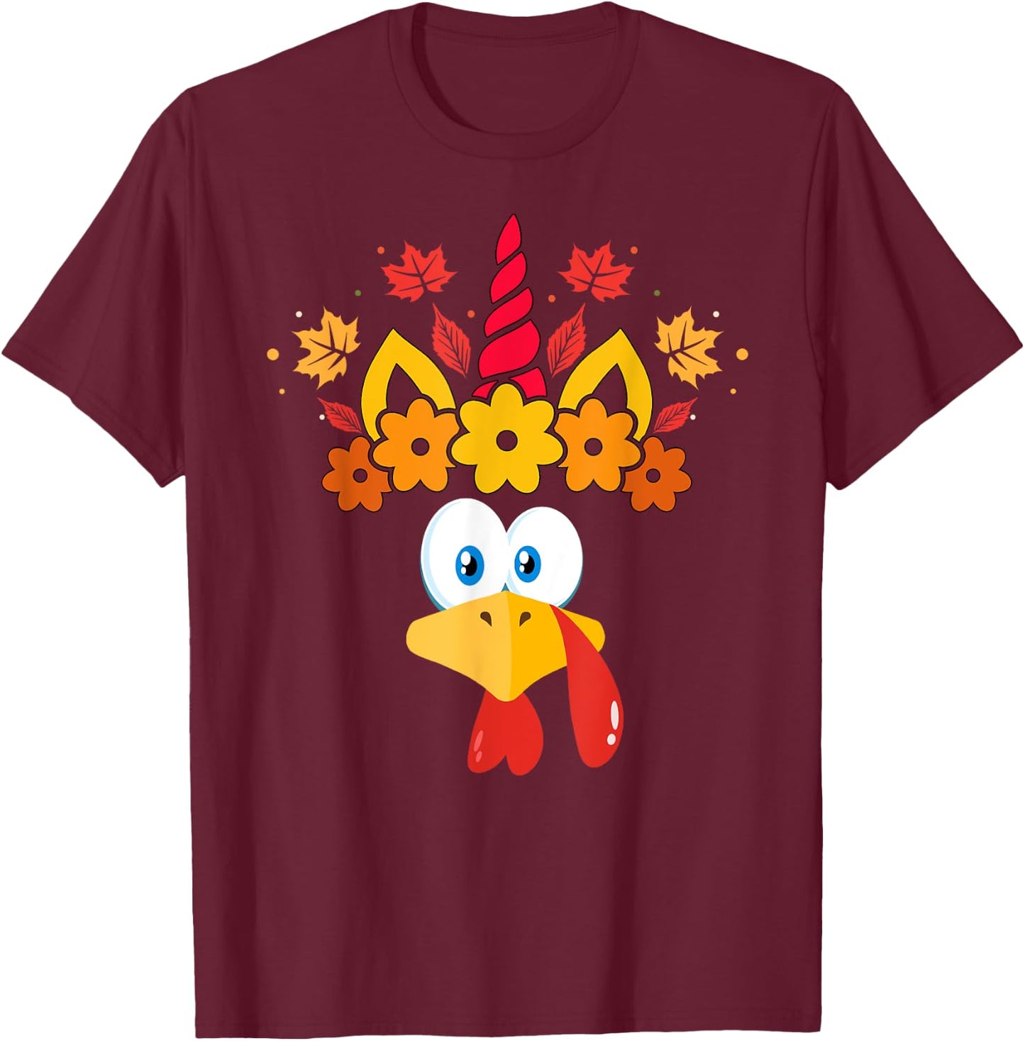 Funny Turkey Unicorn Face Girls Thanksgiving Kids T-Shirt - T-Shirt | Maroon