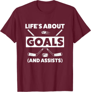 Youth Ice Hockey Design for Boys Life's About Goals T-Shirt - T-Shirt | Maroon