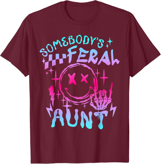 Retro Tie Dye Somebodys Feral Aunt Matching Mothers Day T-Shirt - T-Shirt | Maroon