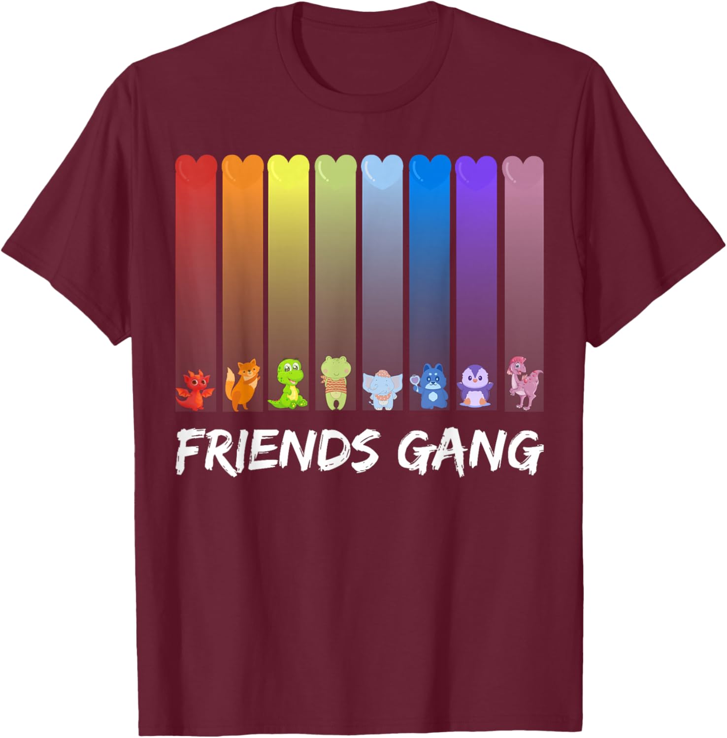 Rainbow Colored, Friends Gang T-Shirt - T-Shirt | Maroon