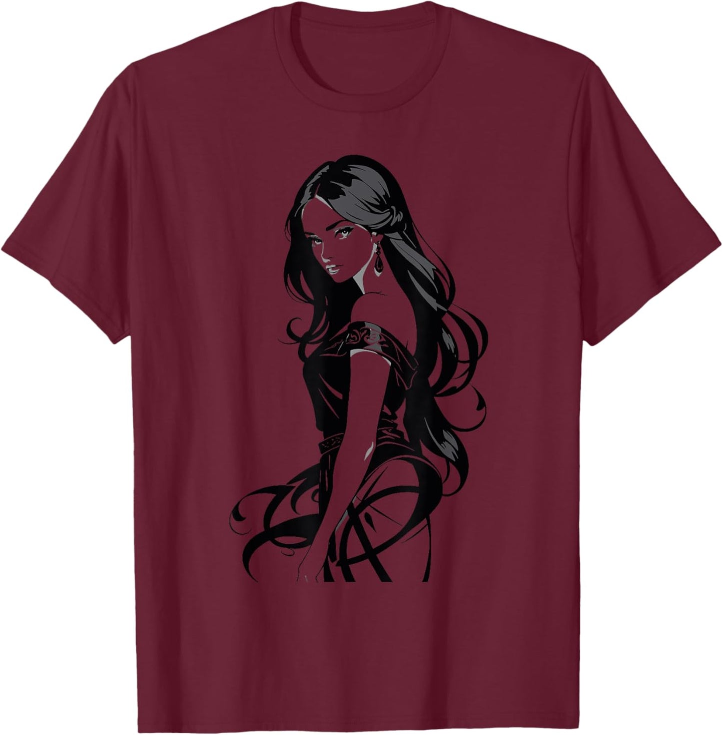 Sexy Waifu Anime Girl Japanese in Black and White Art T-Shirt - T-Shirt | Maroon