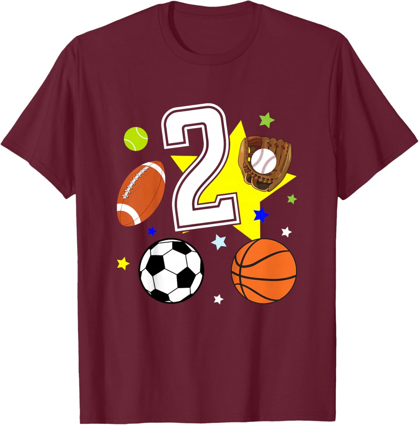 Kids 2nd Birthday Sports Birthday Theme 2 Year Old Boy T-Shirt - T-Shirt | Maroon