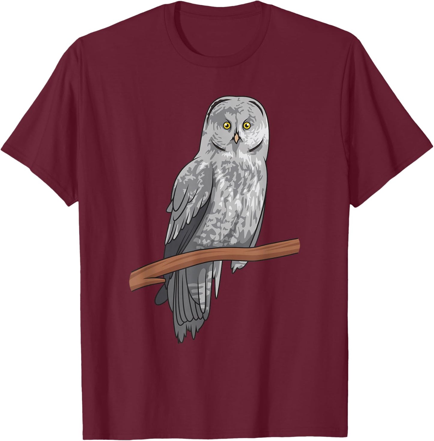 Great Gray Owl on a tree Cute Realistic OWL T-Shirt - T-Shirt | Maroon
