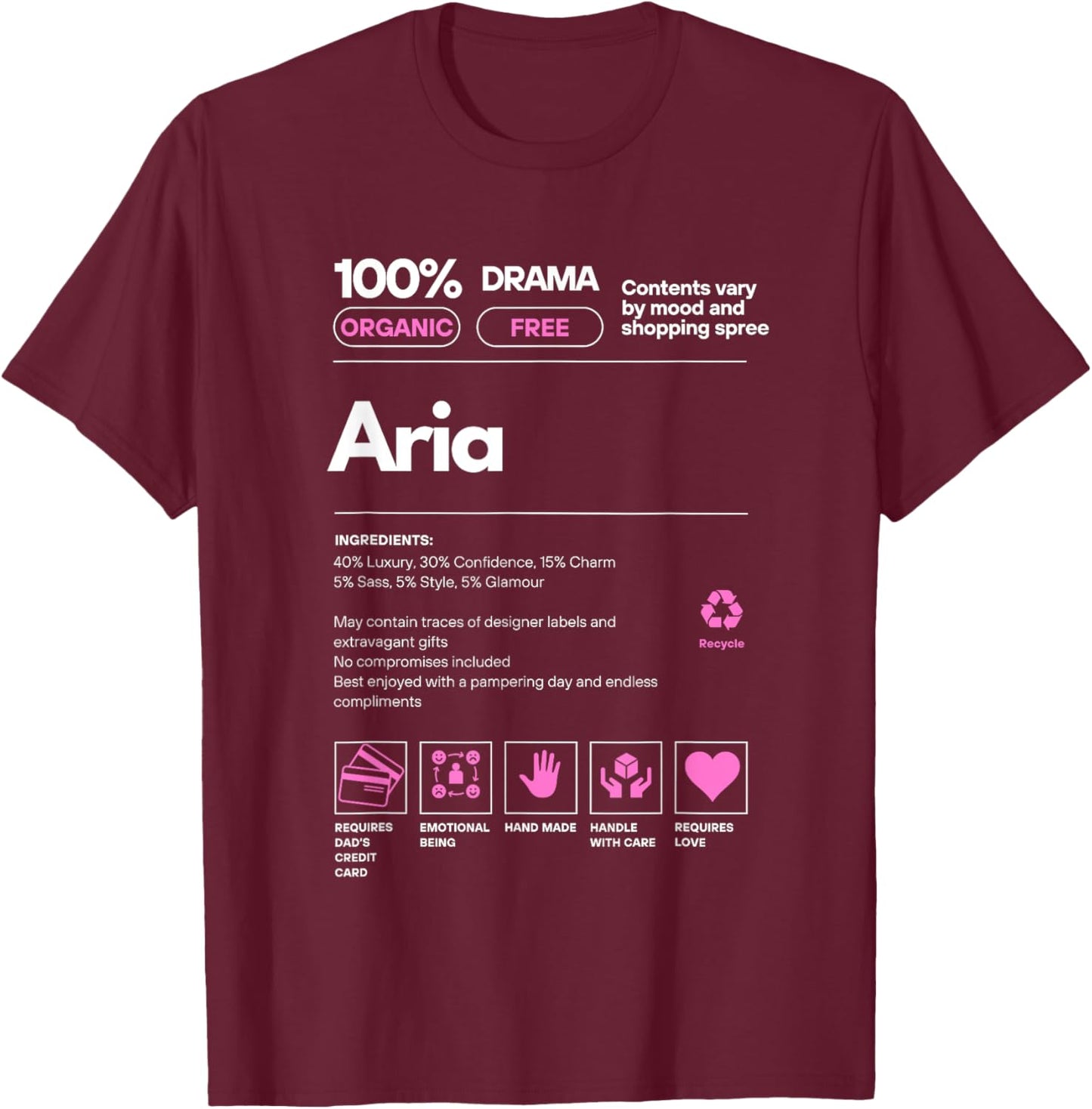 Aria Name gift Aria Sarcastic Nutrition Facts T-Shirt - T-Shirt | Maroon