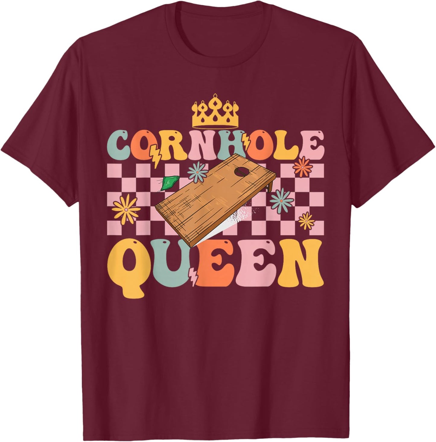 Cornhole Queen Groovy Cornhole Mom Corn Hole T-Shirt - T-Shirt | Maroon