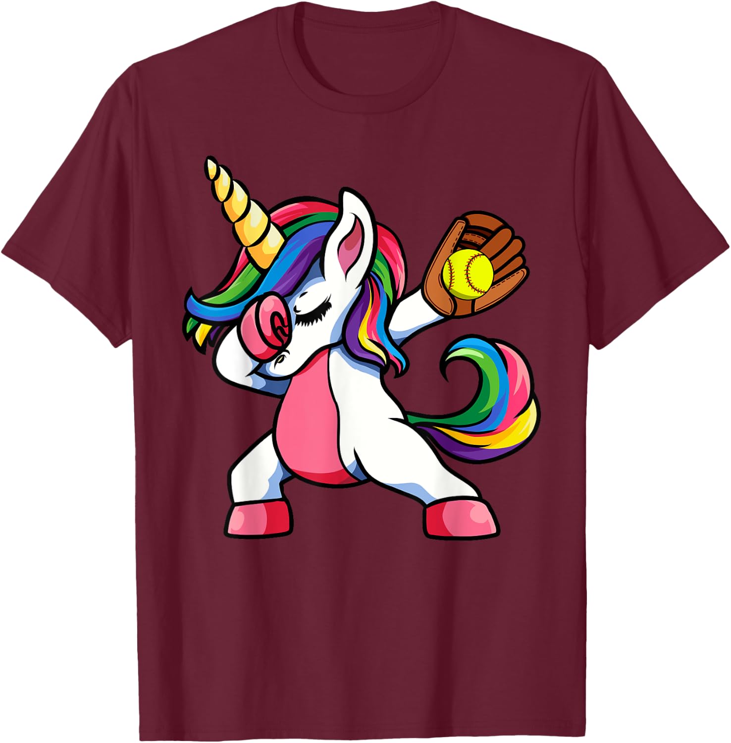Girls Funny Dabbing Softball Unicorn Apparel Kids Dab T-Shirt - T-Shirt | Maroon