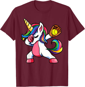 Girls Funny Dabbing Softball Unicorn Apparel Kids Dab T-Shirt - T-Shirt | Maroon