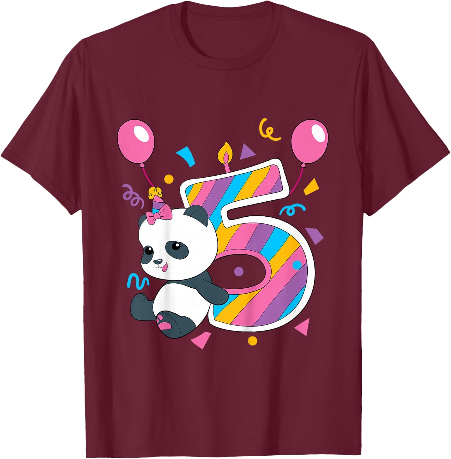 Panda I'm 5 Years Old Girls Birthday Party T-Shirt - T-Shirt | Maroon