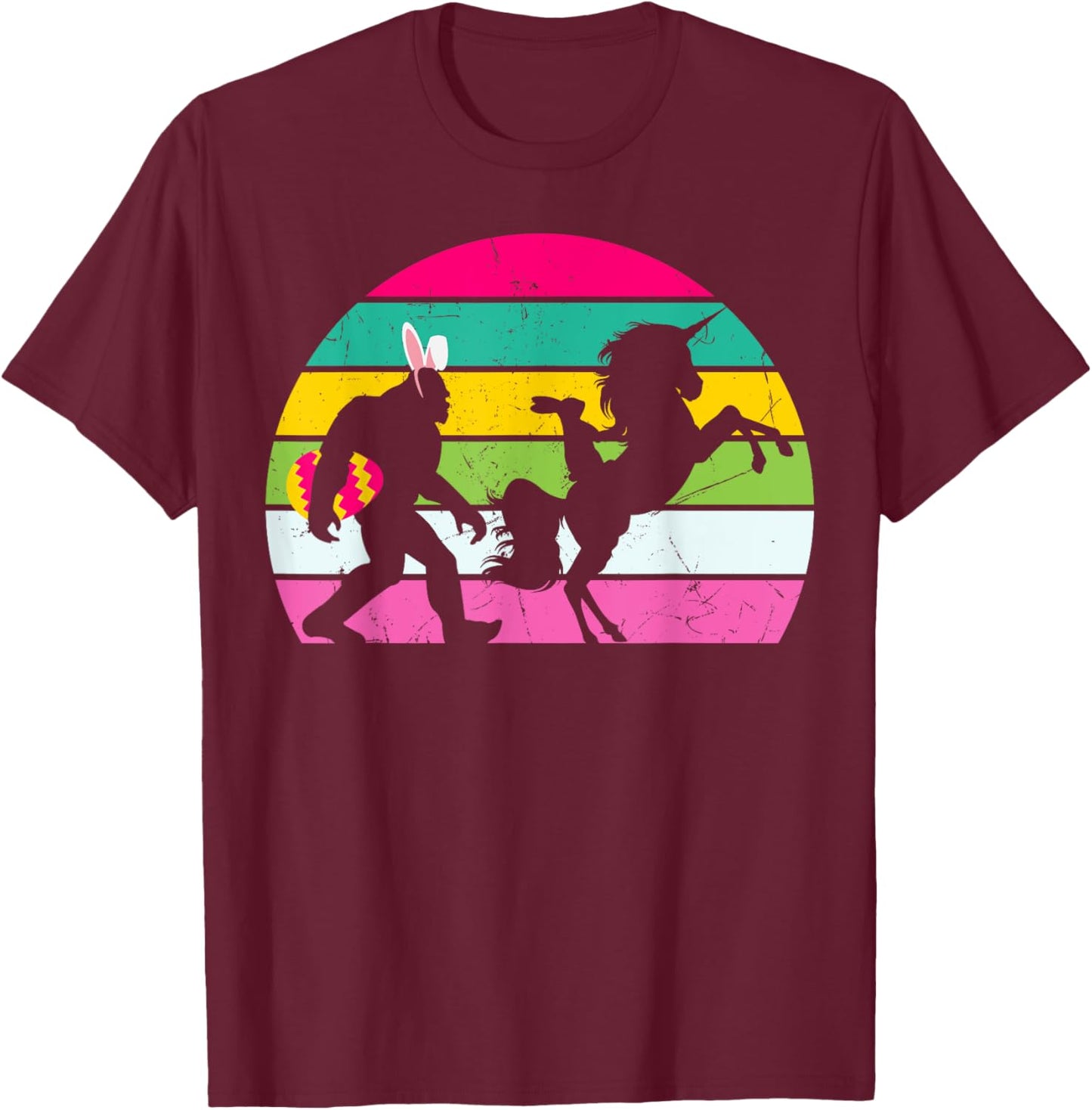 Bigfoot Unicorn Easter Bunny Retro Colorful Sunset Funny T-Shirt - T-Shirt | Maroon