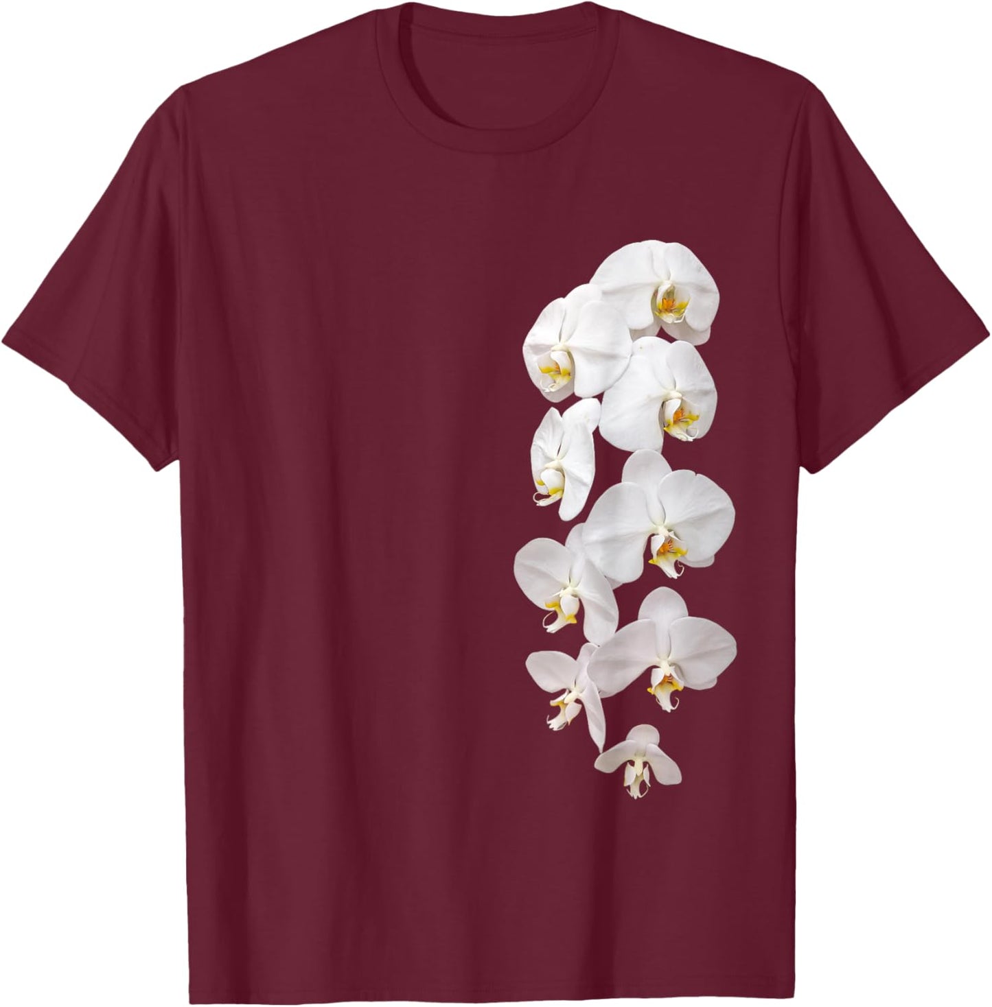 White Phalaenopsis Orchid One-Side Garland Shapes Mania T-Shirt - T-Shirt | Maroon
