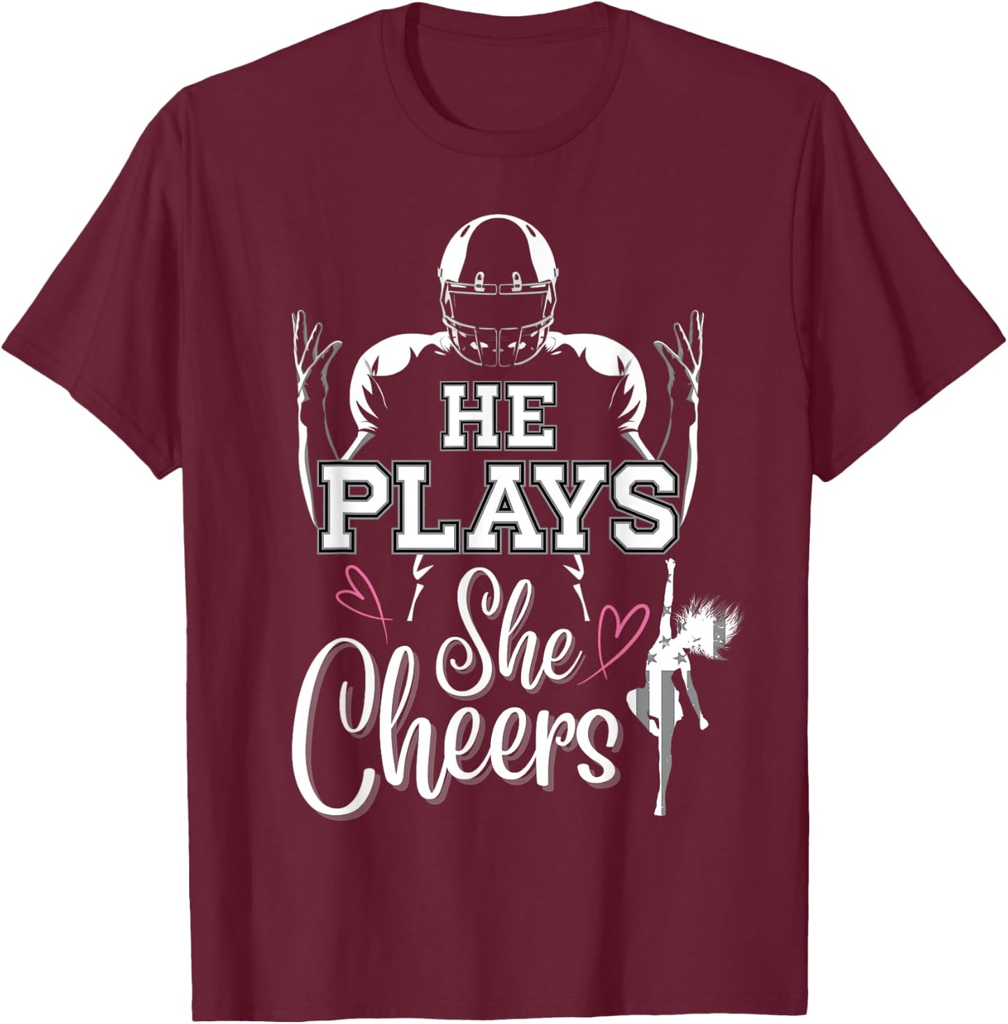 He Plays She Cheers Mom and me Football Season Cheerleader T-Shirt - T-Shirt | Maroon