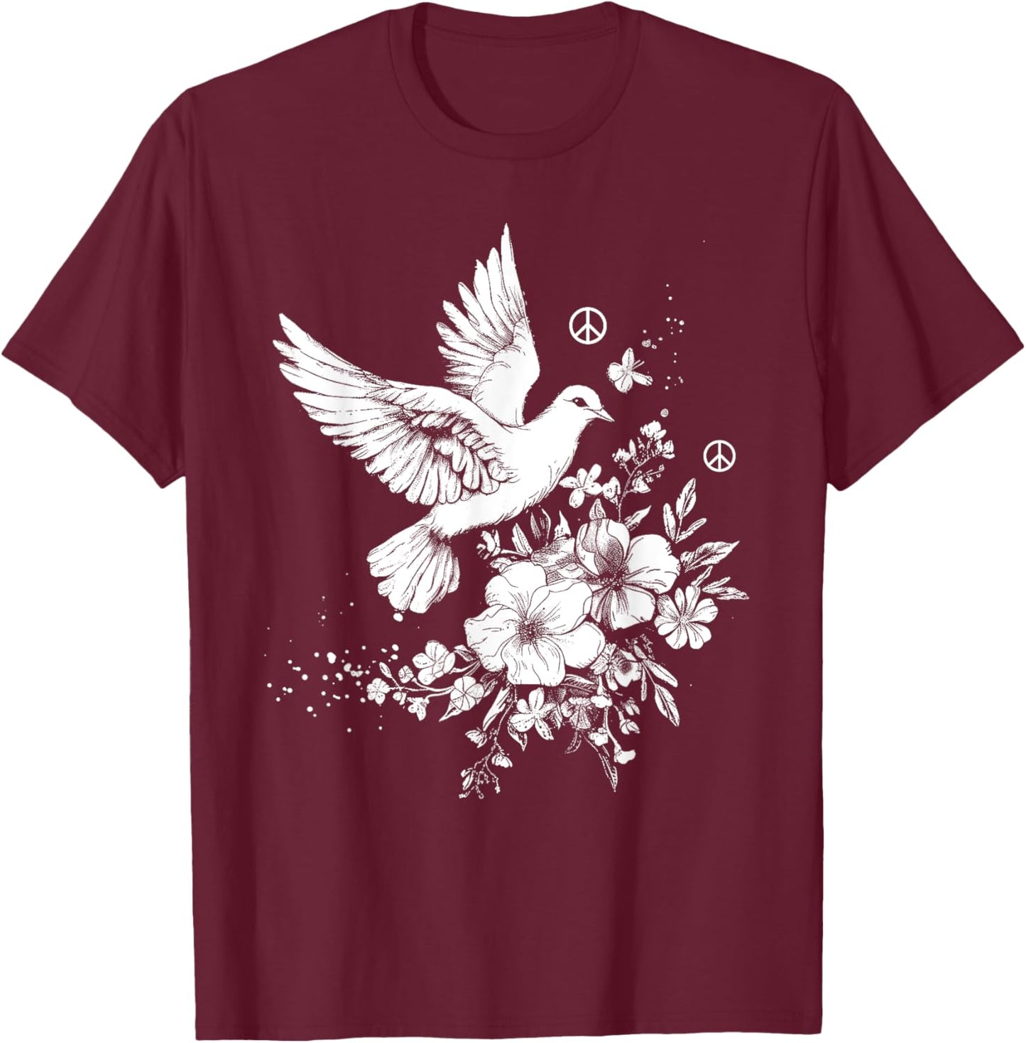 Dove White Pigeon Bird Vintage Peace Sign Flowers T-Shirt - T-Shirt | Maroon