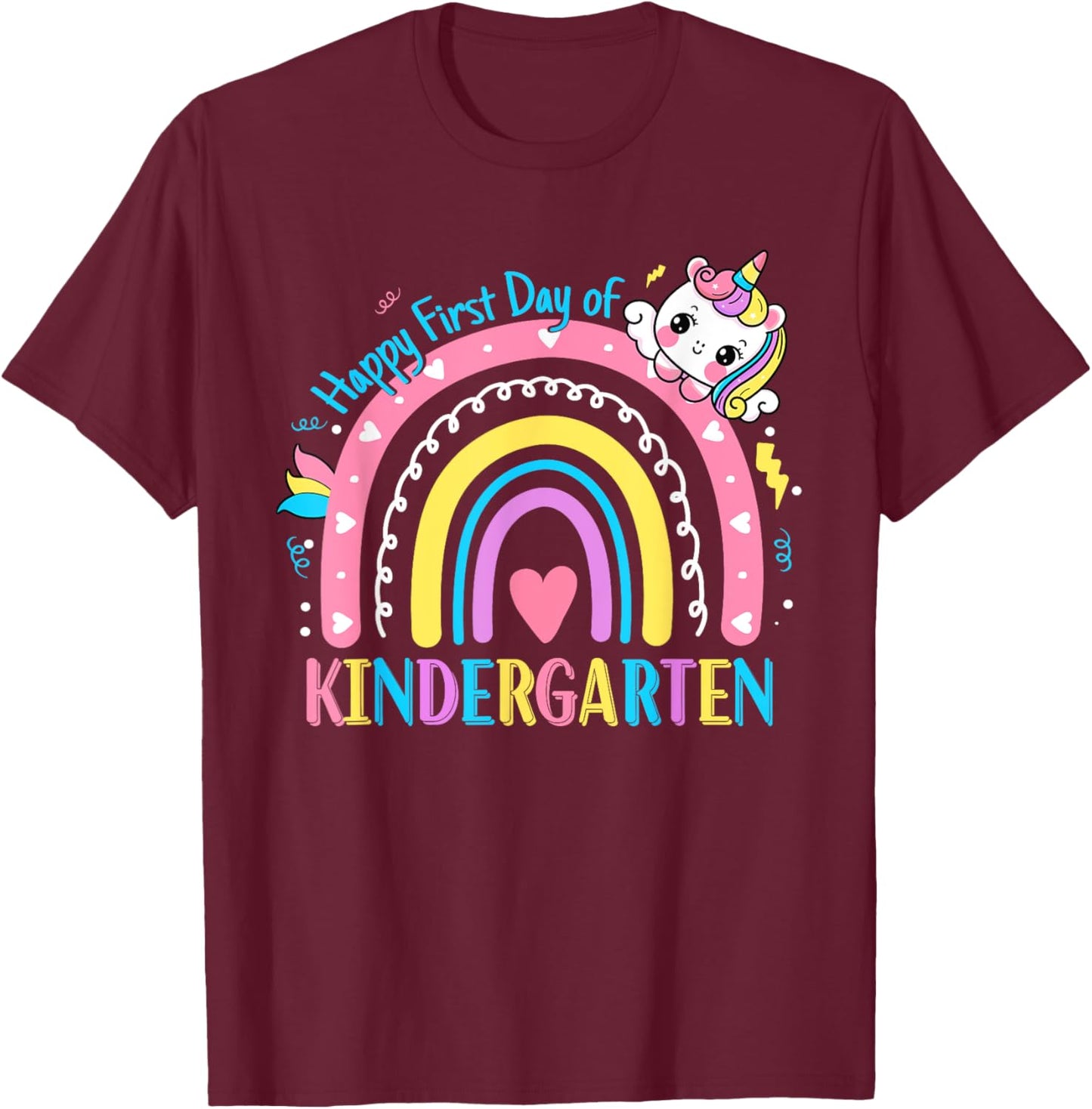 Kindergarten First Day to School Kindergarten Unicorn Girls T-Shirt - T-Shirt | Maroon