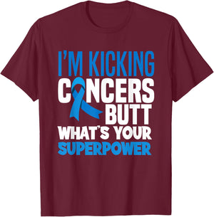 Colon Colorectal Cancer Awareness Apparel & Gifts I'm Kicking Cancers Butt Adult , Black, Small, Short Sleeve, Modern Classic, Cancer Awareness T-Shirt - T-Shirt | Maroon