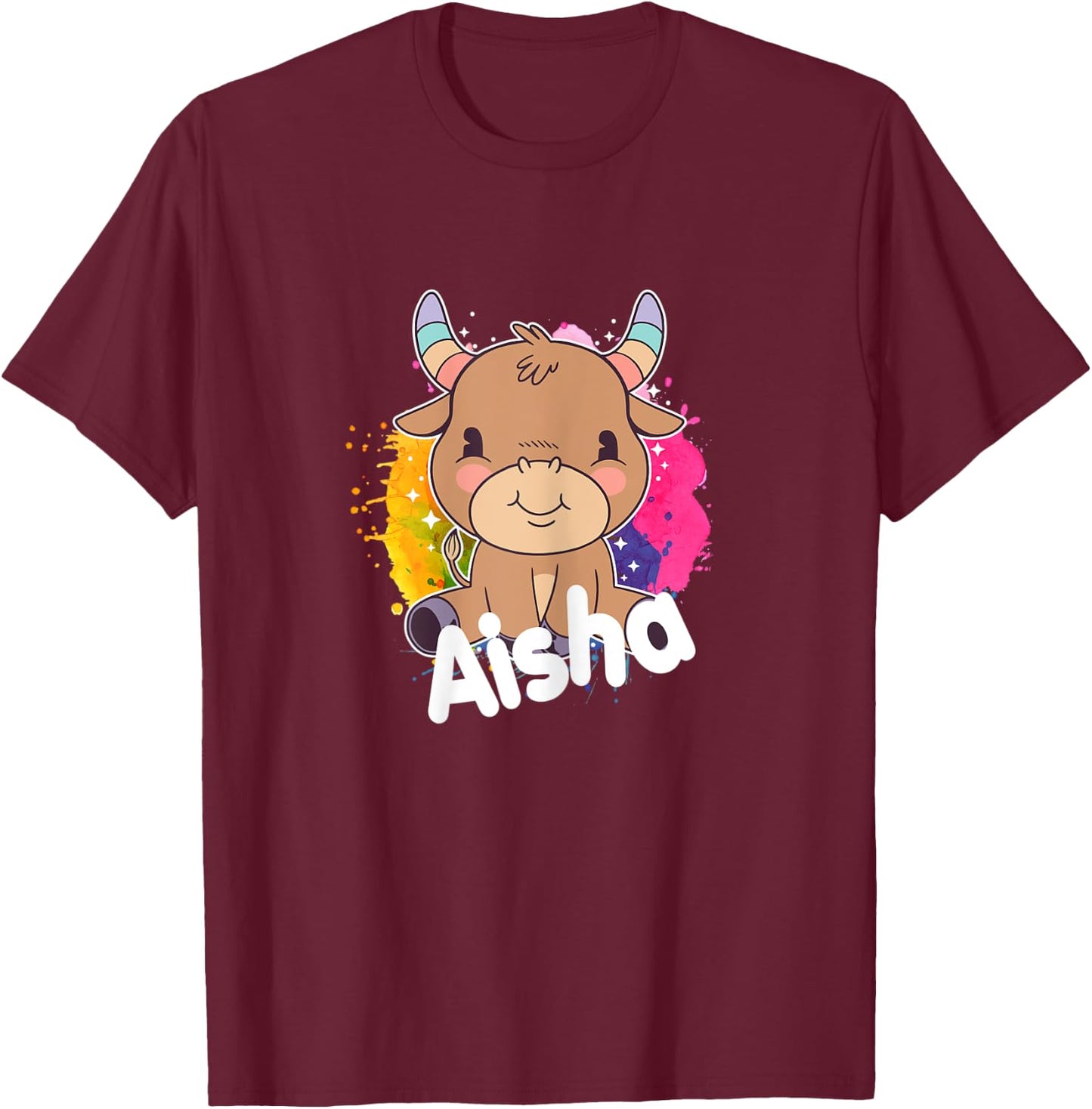 AISHA - Beautiful girl name with adorable little Cow T-Shirt - T-Shirt | Maroon
