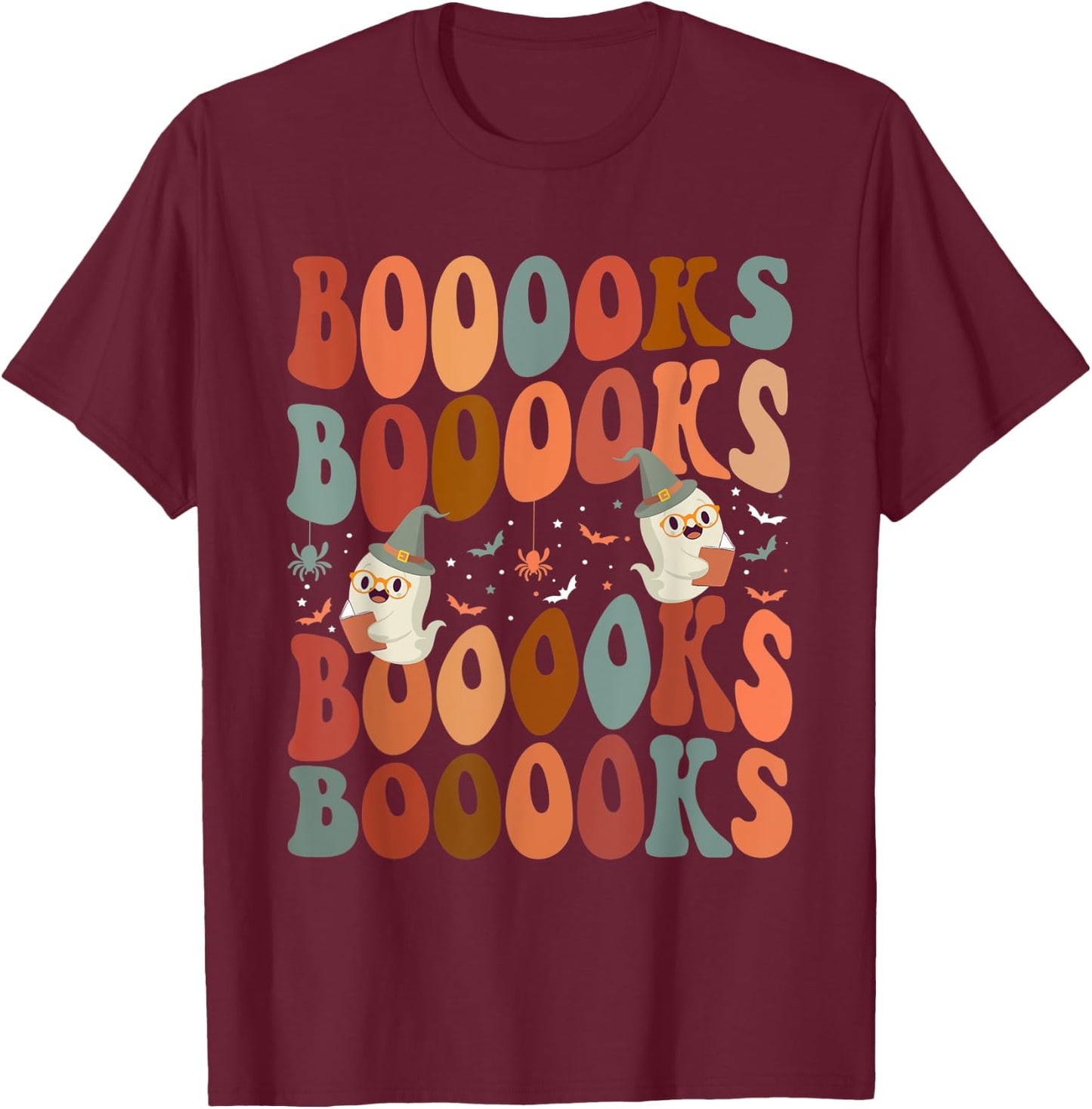 Booooks Ghost Boo Read Books Library Teacher Halloween cute Men Women Kids T-Shirt - T-Shirt | Maroon