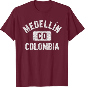 Medellin Colombia Gym Style Distressed White Print T-Shirt - T-Shirt | Maroon